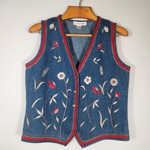 Blue Embroidered Denim Vest - Floral Detailing